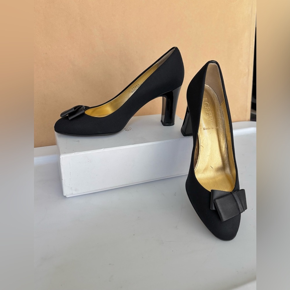 J. Crew Black Satin Bow Fabric Pumps Patent Leather Wrapped Block Heels Size 6.5